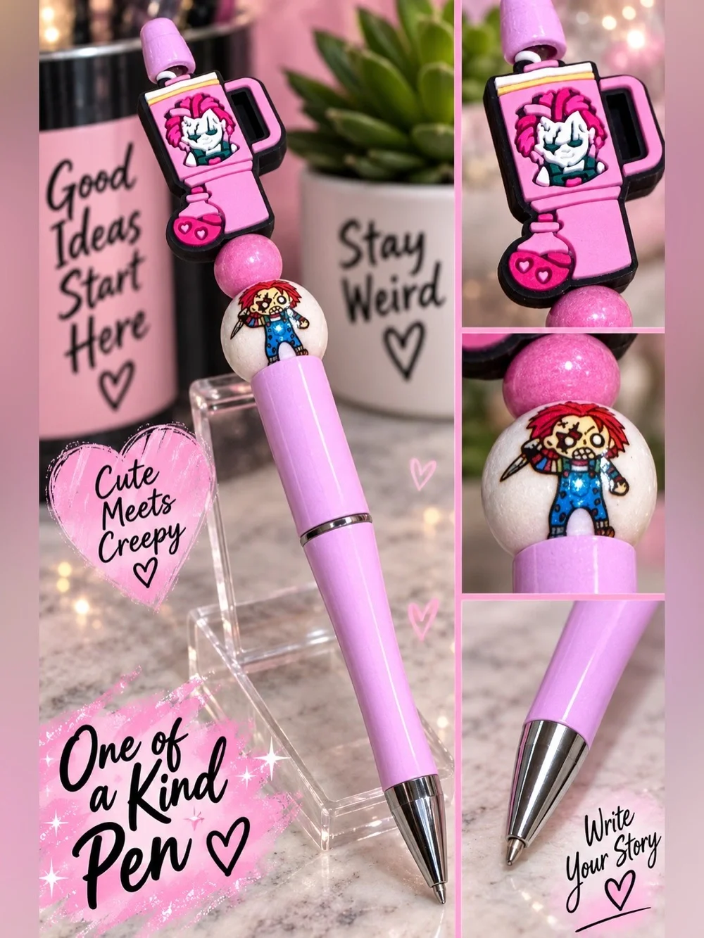 Chucky Halloween Lavender Novelty Bead Ballpoint Pen - Cute Meets Creepy